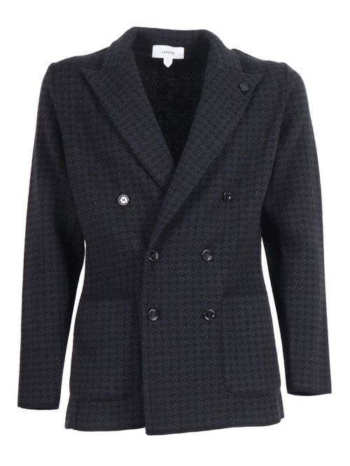 Double-Breasted Textured Knit Jacket With Houndstooth Pattern