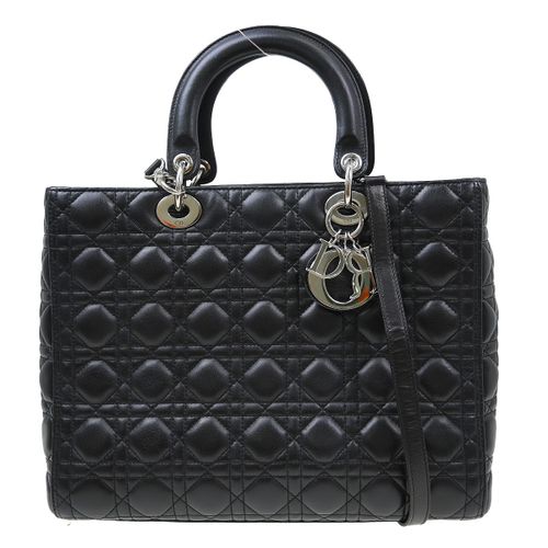 Christian Dior Vintage Lady Dior Bag Cannage Quilt Lambskin Black Leather Handbag Pre-Owned