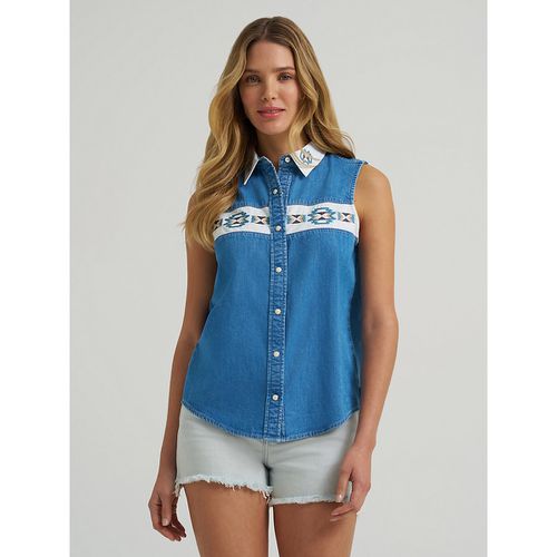 Women's Embellished Denim Sleeveless Snap Shirt in Mid Denim