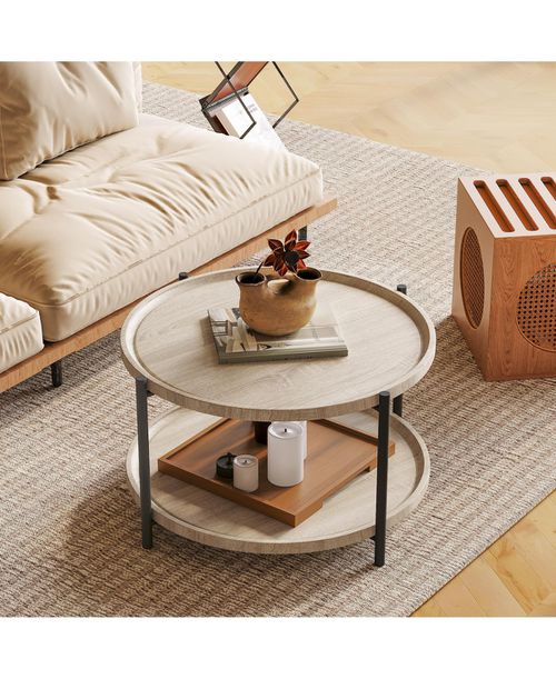 "29.3"" 2-Tier Round Boho Wood Coffee Table with Metal Legs - Brown"