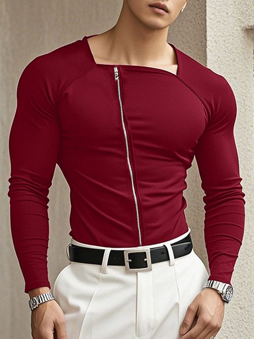 Mens Zipper Knit Long Sleeve T-Shirt SKUK96904 - Red / S