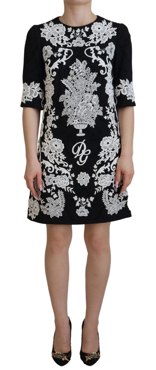 Lace-Trim Half-Sleeve A-Line Dress — Black