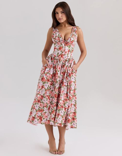 House of CB Emmelina print stretch cotton corset sundress in floral rose-Pink