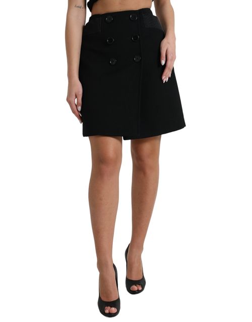 Virgin Wool Button High-Waist A-Line Skirt — Black