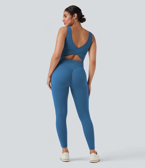 UltraSculpt™ V Neck Tummy Control Butt Lifting Workout Jumpsuit with Pockets Workout Dress - Vallarta Blue