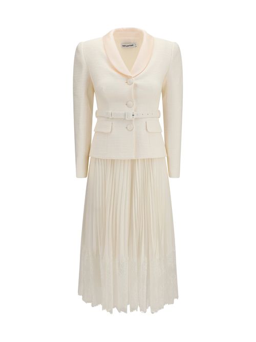 Bouclé with Shawl Collar and Pleated Hem Dress — Cream