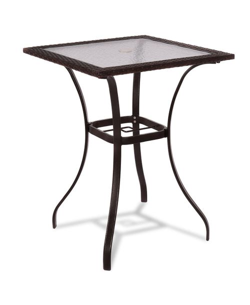 28.5 Inch Outdoor Patio Square Glass Top Table with Rattan Edging - Mix Brown