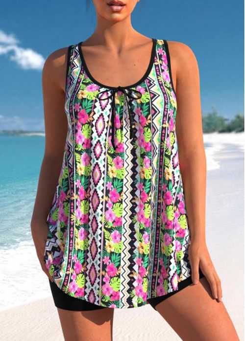 Modlily Floral Geometric Print Multi Color Tankini Top