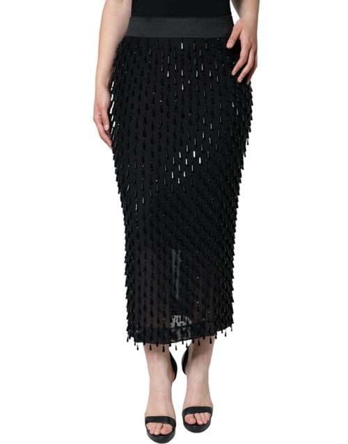 Fringed Embellished Midi Skirt — Black