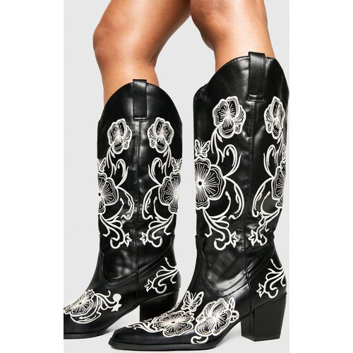 Boohoo Women's Contrast Embroidered Knee High Western Boots in Black