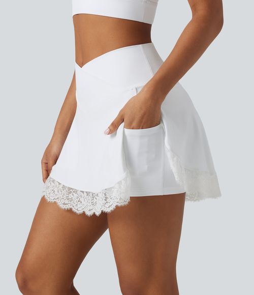 SoftlyZero™ Airy High Waisted Crossover 2-in-1 Lace Hem Cool Touch Mini Golf Skirt with Pockets-UPF50+  - White