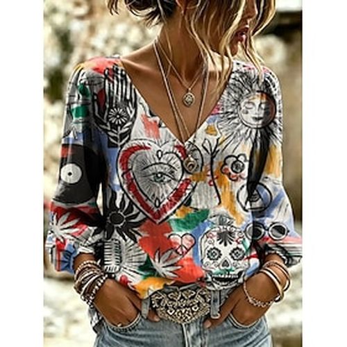 Women's Shirt Graphic Abstract Bohemia Vacation Vintage Long Sleeve V Neck Regular Tops Casual Daily Holiday Blue Summer Spring