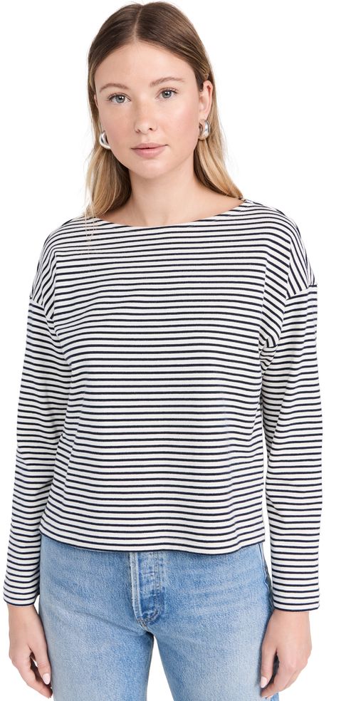 Macy Long Sleeve Tee Ivory Navy Micro Stripe