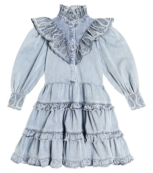 Petite Amalie Ruffled embroidered chambray dress