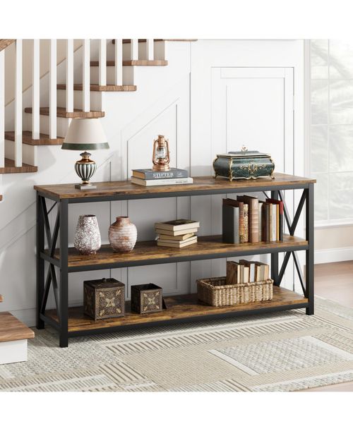 "55.1"" 3-Tier Multi-Functional Console Sofa Table with Storage Shelves, Entryway Table for Living Room - Brown"