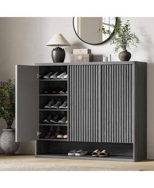 46 Inch Shoe Cabinet Large Shoe Storage Cabinet with Adjustable Shelves Wooden Shoe Organizer with Fluted Door Holds 30-35 Pairs for Entryway