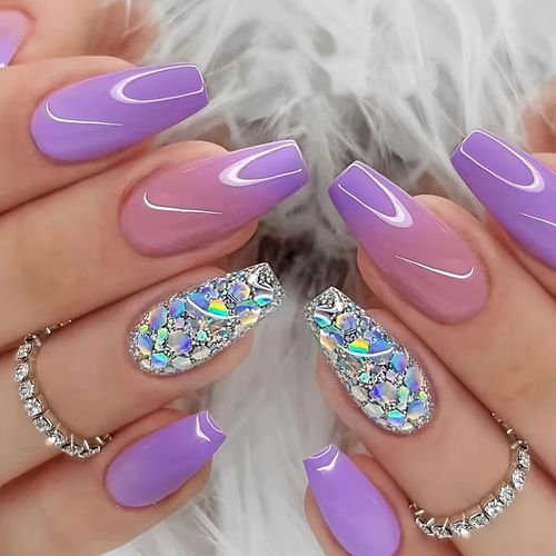 TEMU 24pcs Wearable Nail Stickers, High-end Purple Design, Elegant , Versatile False Nail Extensions, Removable With Jelly Glue And 1 Nail File