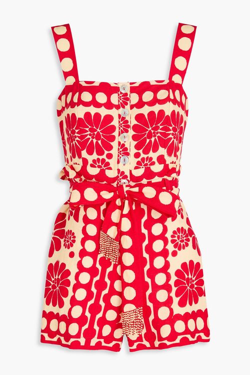 Printed linen-blend playsuit - Red - S