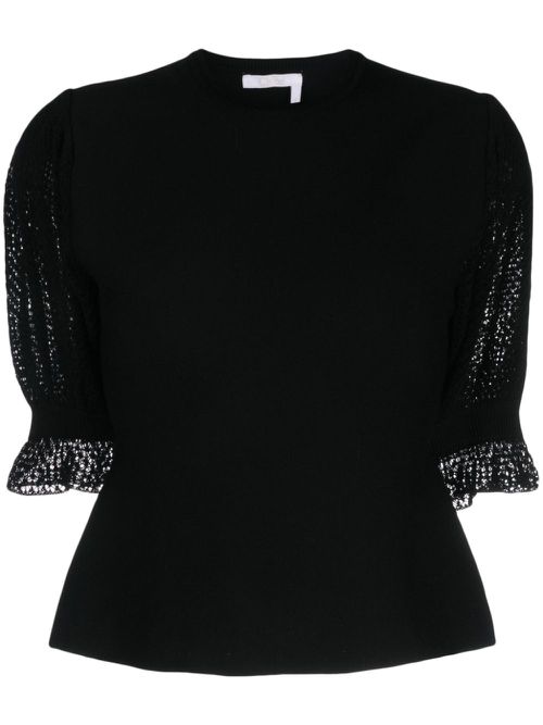 Wool-blend lace-sleeves top - Black