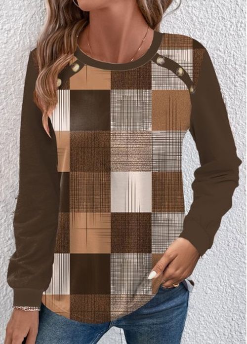 Modlily Dark Coffee Button Geometric Print Long Sleeve T Shirt