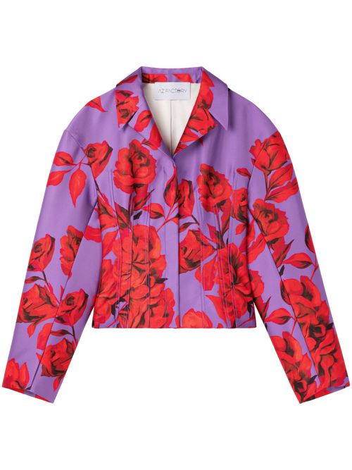 Hibiscus-print cropped jacket - Purple