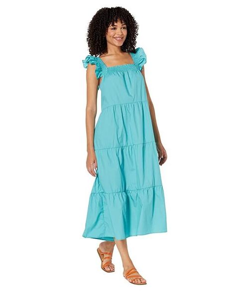 Dress Women's Blue Cotton Tiered Flutter Sleeves A-Line JDM803