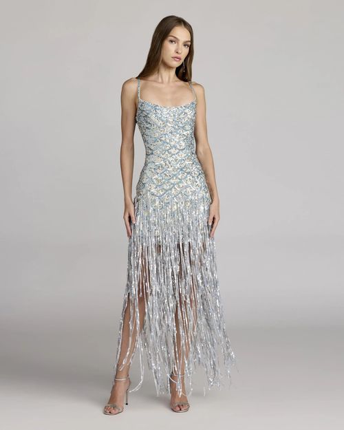 Blue Silver Sequin Fringe Midi Dress