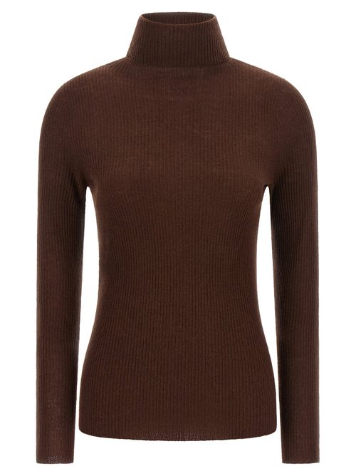 Ribbed Virgin Wool Cashmere Turtleneck Sweater — Brown
