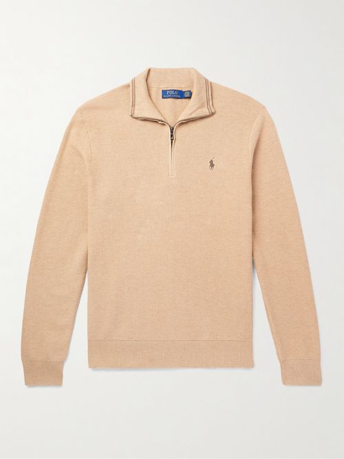 Men - Logo-Embroidered Honeycomb-Knit Cotton Half-Zip Sweater
