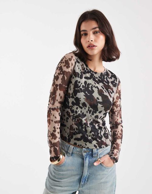 Long sleeve mesh top in cow print-Brown
