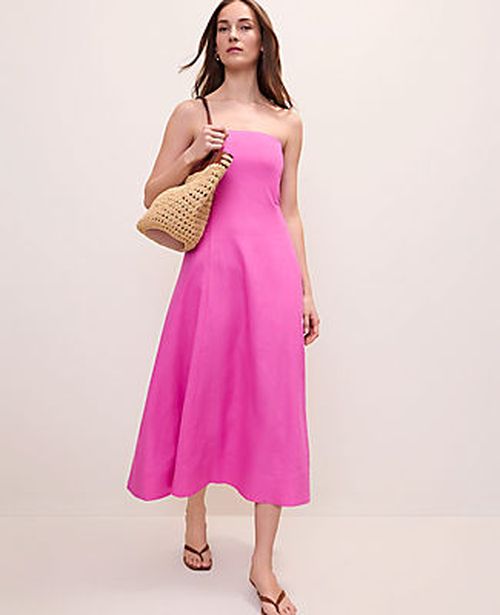 Ann Taylor Petite Strapless Midi Dress in Linen Blend