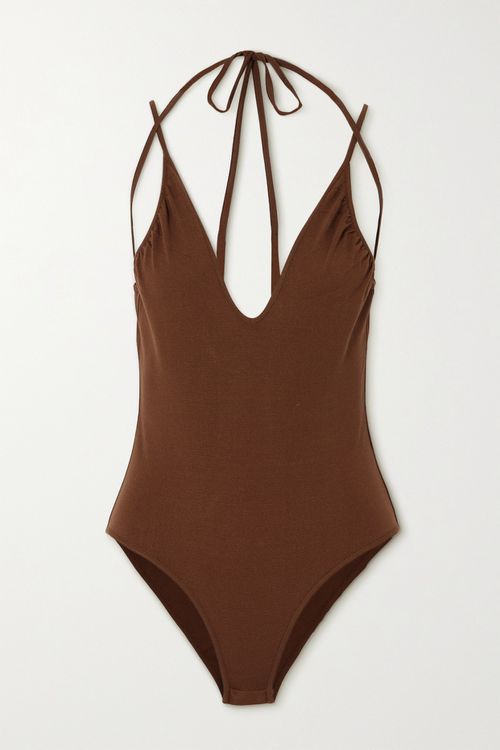 Tie-detailed Gathered Stretch-knit Bodysuit - Brown