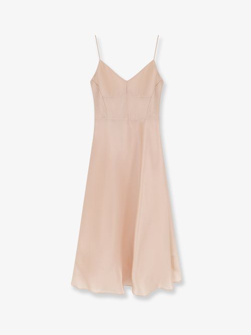 Silk V-Neck Flared Dress — Pink