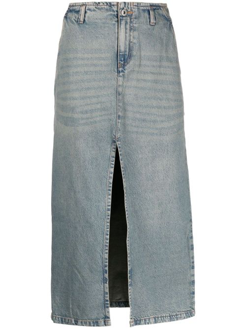 Front-slit cotton denim midi skirt - Blue