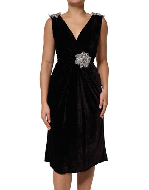 Velvet Floral-Embellished Dress — Black