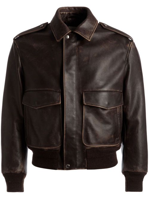 Cargo-pockets leather bomber jacket - Brown