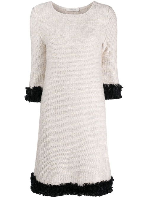 Contrasting-trim bouclé flared dress - White