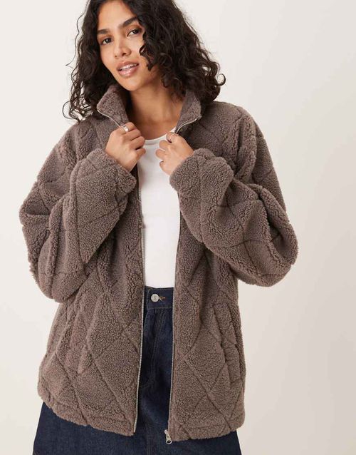 Quilted teddy full zip up fleece in light brown