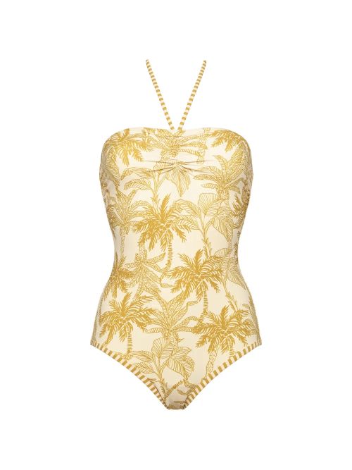 Palm-Print Bustier Swimsuit — Gold