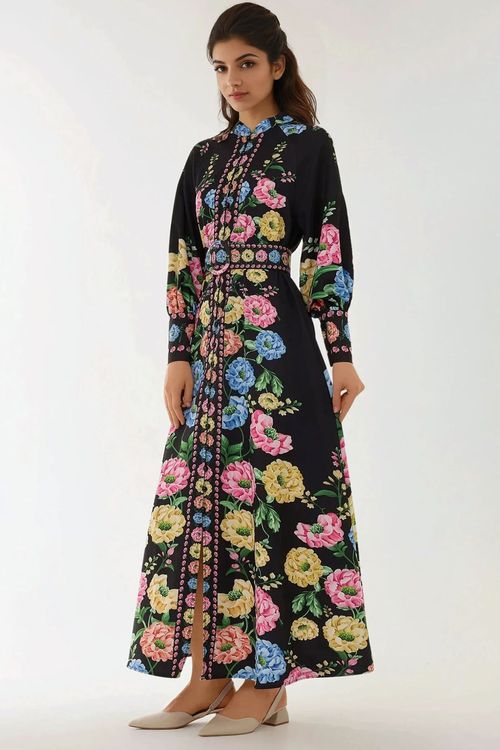 Black Printed Long Sleeve Maxi Dress With Belt Women