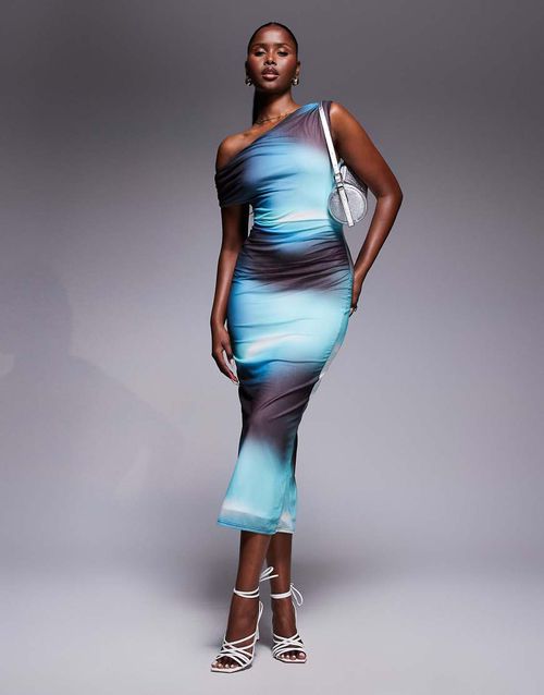 River Island | asymmetric drape mesh midi dress in ombre blue | Realry