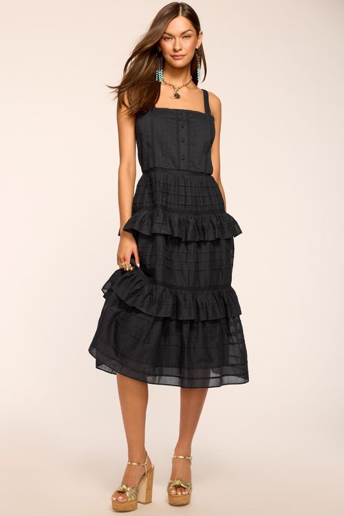 Daria Embroidered Voile Midi Dress Black in Black