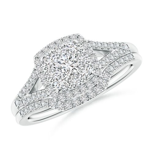 Angara 0.87 Carat Cushion Composite Diamond Halo Split Shank Bridal Set in Platinum