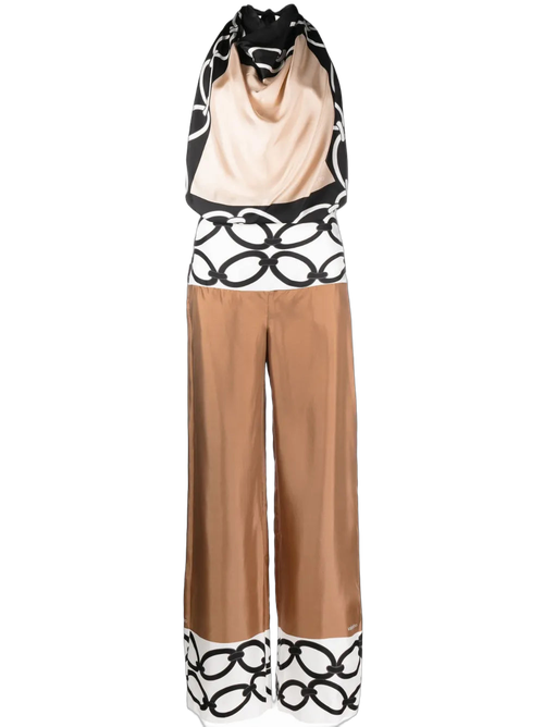 Chain-Link Foulard Silk Pant Suit — Beige