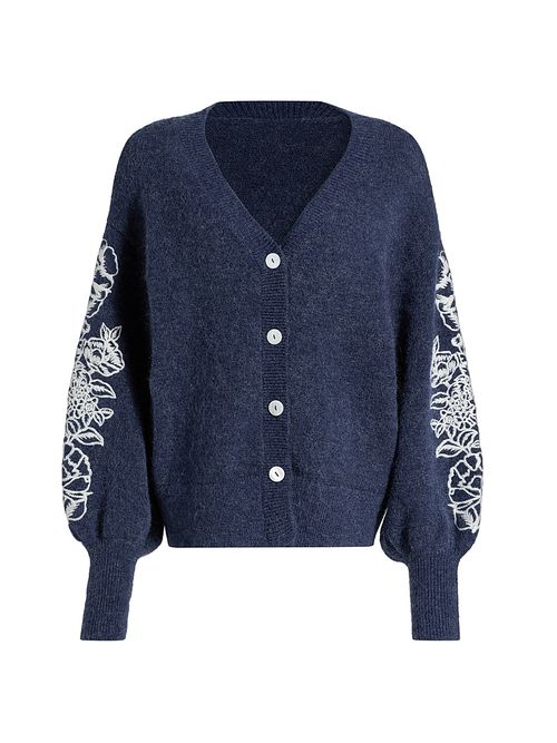 Women's Le Fleur Agnes Floral-Embroidered Wool-Blend Cardigan - Royal