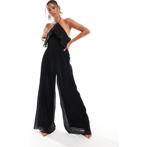 ASOS DESIGN Womens textured halter wide leg jumpsuit with frill detail in black