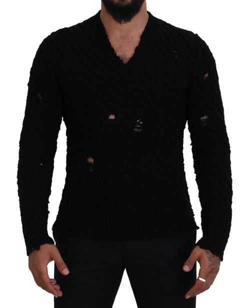 Wool V-Neck Knit Sweater — Black
