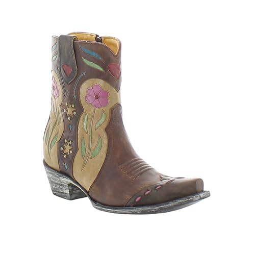 Old Gringo Ladies Rosemary Western Boots, Brass Brown Pink Floral, Goat Leather, Hand-Crafted Embroidered Design, 7 Inch Height (Brass/Pink, US Footwear