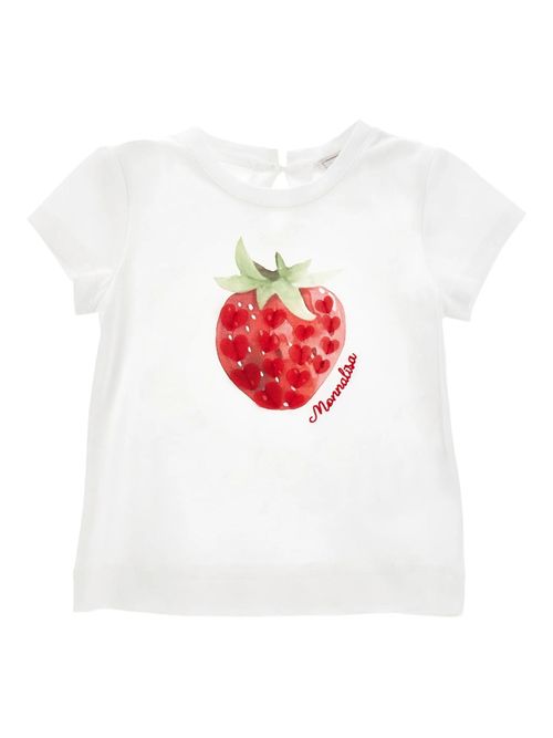Mini Strawberry Print Short Sleeve Round Neck Top with Button Fastening