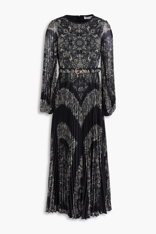 Belted printed crepe de chine midi dress - Black - 00